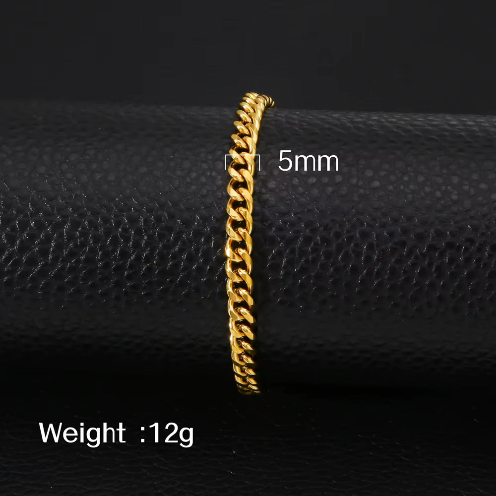 HONGTONG Basic Curb Chain Bracelet for Men Stainless Steel Cuban Gold Color Link Chain Wristband Classic Punk Heavy Male Jewelry