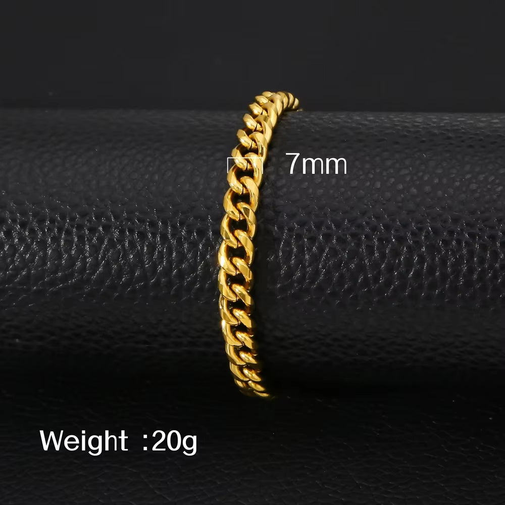 HONGTONG Basic Curb Chain Bracelet for Men Stainless Steel Cuban Gold Color Link Chain Wristband Classic Punk Heavy Male Jewelry
