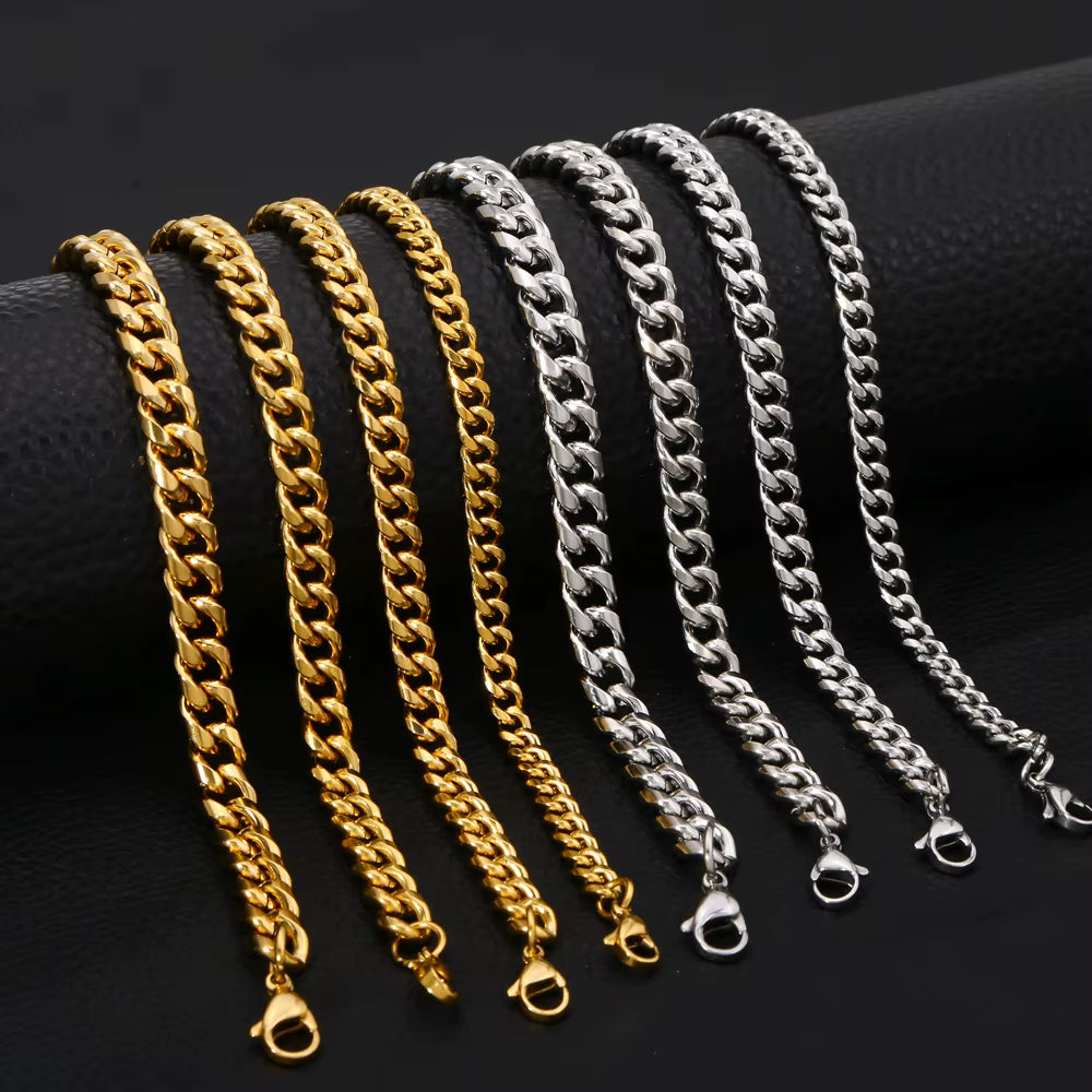 HONGTONG Basic Curb Chain Bracelet for Men Stainless Steel Cuban Gold Color Link Chain Wristband Classic Punk Heavy Male Jewelry