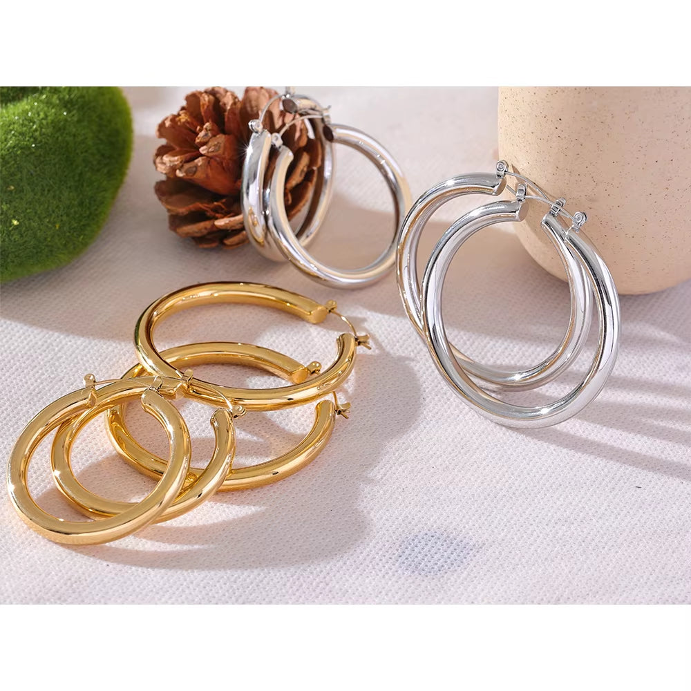 Minimalistic Big Sleek Metal round Hollow Hoop Earrings anti Allergic 316L Stainless Steel Trendy Simple Ear Jewelry