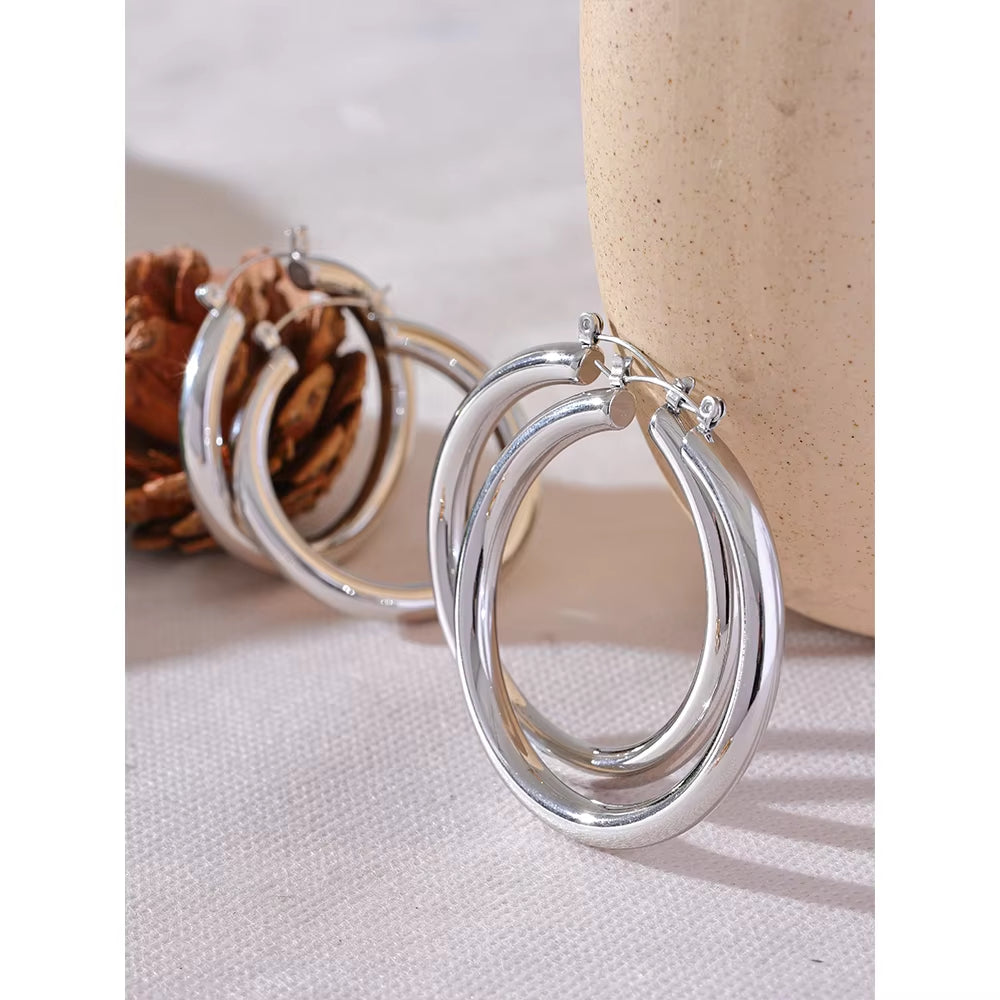 Minimalistic Big Sleek Metal round Hollow Hoop Earrings anti Allergic 316L Stainless Steel Trendy Simple Ear Jewelry